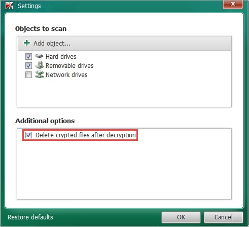 Selecting the Delete crypted files after decryption option