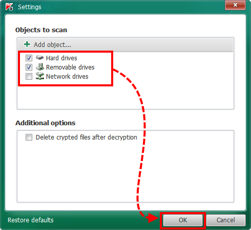 Selecting additional options and objects to scan in Kaspersky RakhniDecryptor