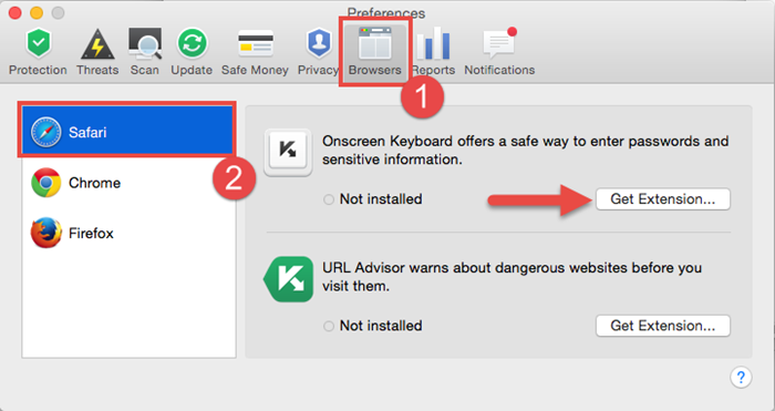 Image: get extensions from Preferences in Kaspersky Fraud Prevention for Mac