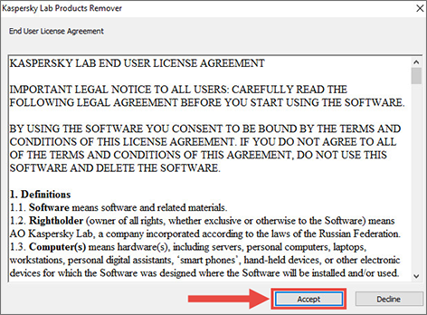 Kaspersky Lab Products Remover license agreement window.