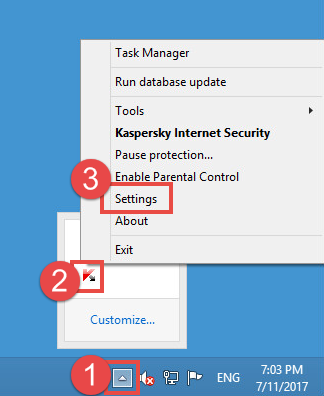 Image: the Kaspersky Internet Security right-click menu in the notification area of Desktop