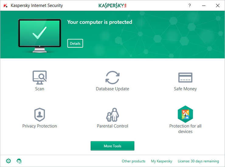 Image: main window in Kaspersky Internet Security 2018