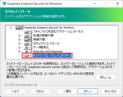 Kaspersky Endpoint Security for Windows のインストール時にコネクターを選択。