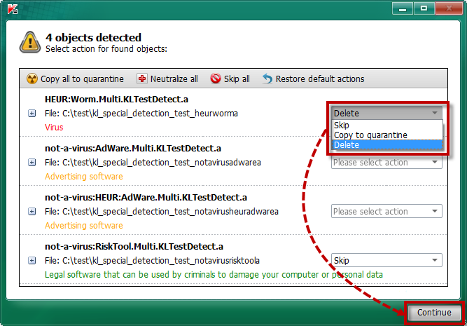 Selecting an action for an individual detected object in Kaspersky Rescue Disk 2018