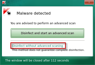 Selecting how to disinfect an active infection in Kaspersky Rescue Disk 2018