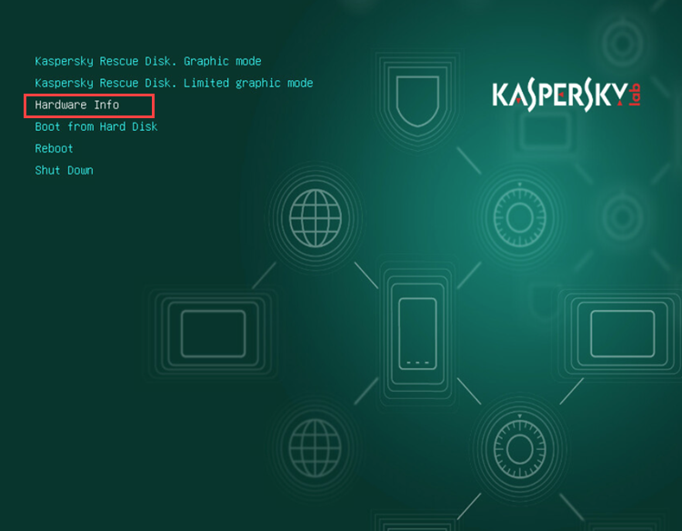 Kaspersky Rescue Disk での [ Hardware Info（ハードウェア情報）] の選択