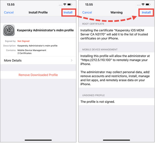 Installing an MDM profile on the iOS device