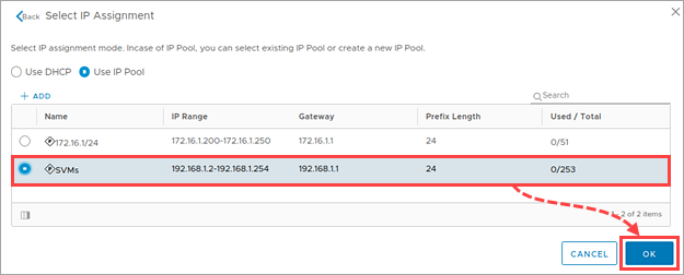 Selecting the added IP address pool