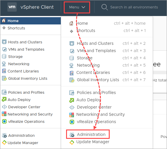 Selecting the Administration section in the vSphere Web Client menu