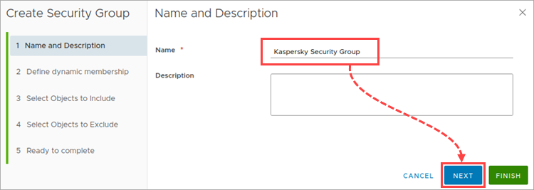 Entering a name for the NSX security group
