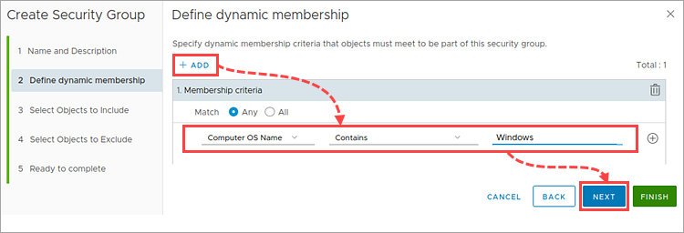Configuring dynamic inclusion of virtual machines to an NSX group