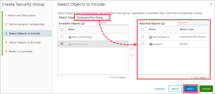 Selecting VMware management objects to include in the NSX security group