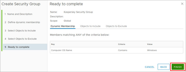 Completing creation of the NSX security group