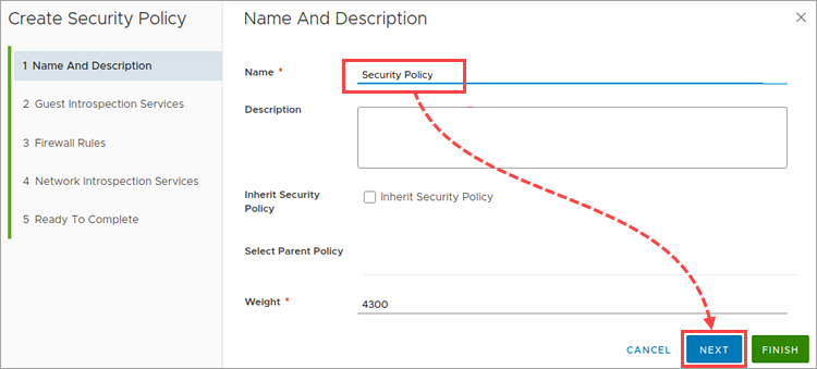 Entering an NSX security policy name