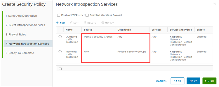 Checking the configured Kaspersky Network Protection service in the NSX security policy