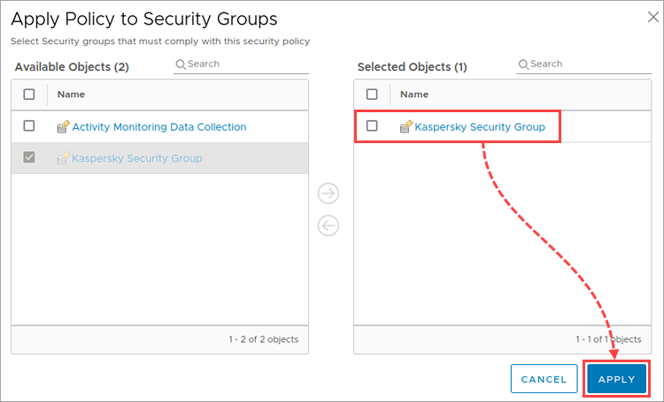 Selecting an NSX security group in the security policy