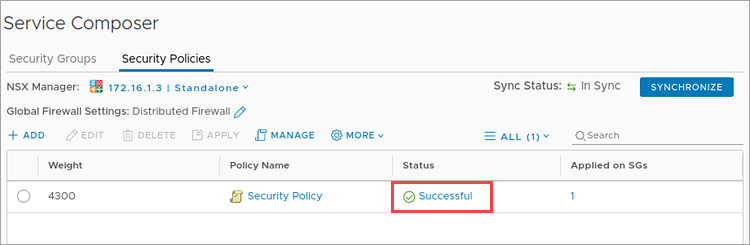 Checking the created NSX security policy