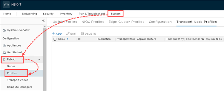 Profiles の項目へのパスを伴う VMware NSX Manager Web コンソール。