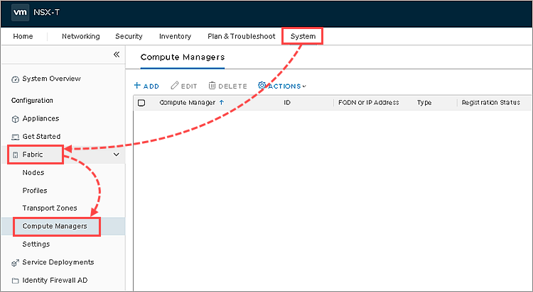 Compute Managers の項目へのパスを伴う VMware NSX Manager Web コンソール