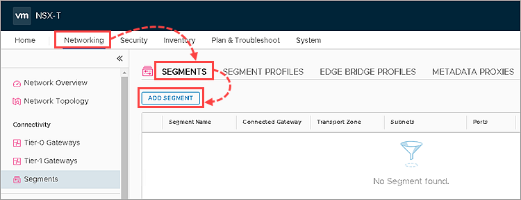 VMware NSX Manager コンソールの Segments セクションにある [ Add Segment ] ボタン。