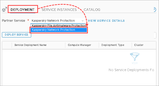 VMware NSX Manager Web コンソールで選択された Kaspersky Network Protection サービス。