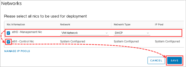 VMware NSX Manager Web コンソールにある Network パラメータの構成。