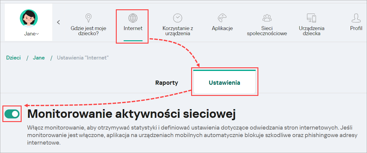 Włączanie monitorowania aktywności internetowej na koncie My Kaspersky.