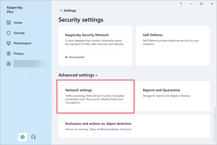 Ustawienia sieciowe w aplikacji Kaspersky .