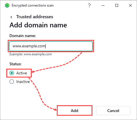 Dodawanie witryny do zaufanych adresów w aplikacji Kaspersky.