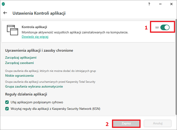 Okno Kontrola aplikacji w aplikacji firmy Kaspersky