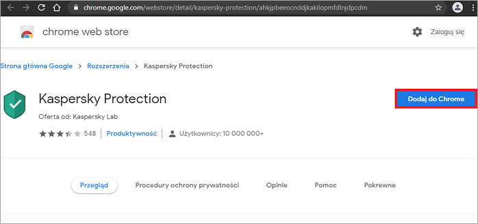 Instalowanie rozszerzenia Kaspersky Protection w Google Chrome