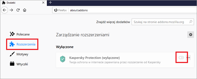 Włączanie Kaspersky Protection w Mozilla Firefox