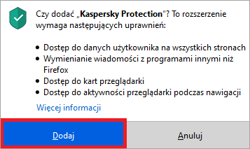 Dodawanie rozszerzenia Kaspersky Protection do Mozilla Firefox