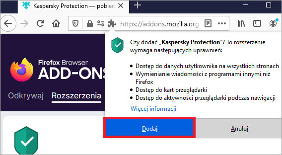 Okno wyskakujące Kaspersky Protection z podświetlonym przyciskiem Dodaj