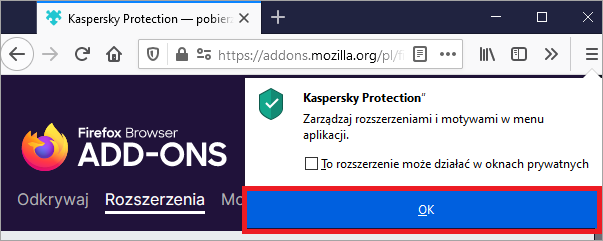 Okno wyskakujące Kaspersky Protection z podświetlonym przyciskiem OK