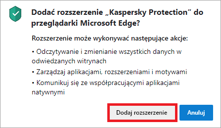 Dodawanie rozszerzenia Kaspersky Protection do przeglądarki Edge opartej o Chromium