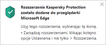 Pomyślna instalacja Kaspersky Protection w przeglądarce Edge opartej o Chromium