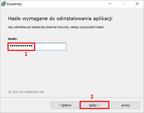 Wprowadzanie hasła do usunięcia aplikacji firmy Kaspersky