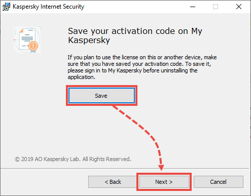 Zapisz swój kod aktywacyjny w oknie My Kaspersky z podświetlonym przyciskiem Zapisz