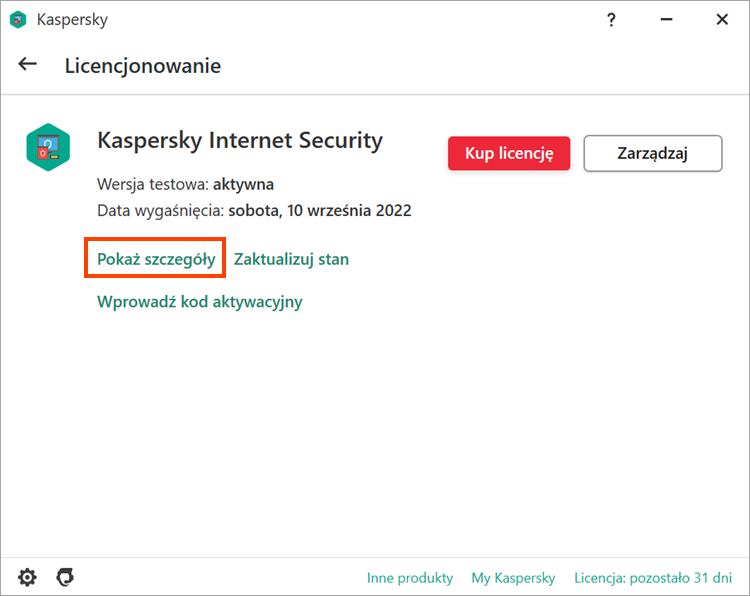 Otwieranie okna Licencjonowanie w aplikacji Kaspersky