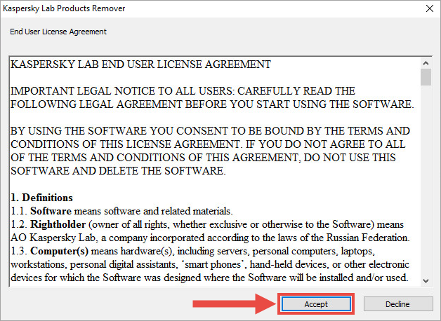 Okno umowy licencyjnej Kaspersky Lab Products Remover.