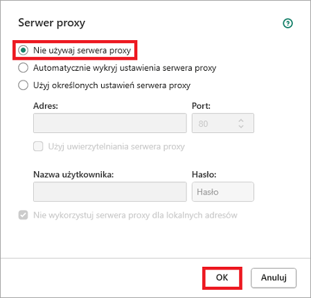 Wyłączenie używania serwera proxy w produktach Kaspersky