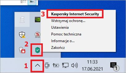Otwieranie aplikacji Kaspersky za pośrednictwem menu skrótów ikony na pasku zadań