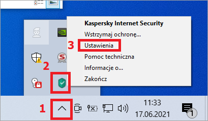 Otwieranie ustawień aplikacji Kaspersky poprzez menu skrótów ikony na pasku zadań