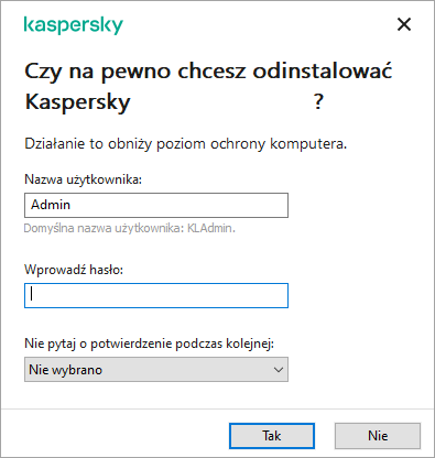 Okno potwierdzenia w aplikacji firmy Kaspersky