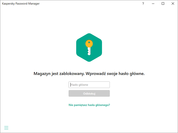 Okno Hasło główne w Kaspersky Password Manager