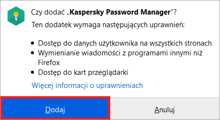 Dodawanie rozszerzenia Kaspersky Password Manager do Firefox.