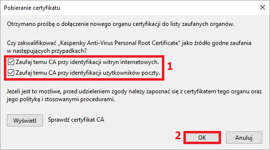 Importowanie certyfikatu głównego do magazynu certyfikatów Mozilla Firefox