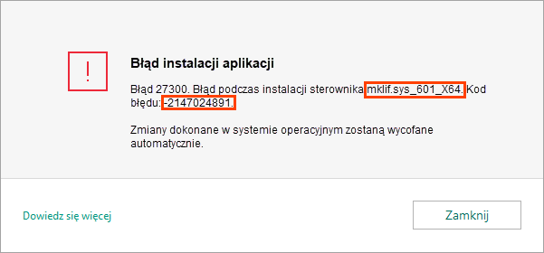 Błąd 27300 podczas instalacji aplikacji firmy Kaspersky