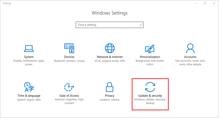 Otwieranie ustawień „Aktualizacja i zabezpieczenia” w systemie Windows 10.